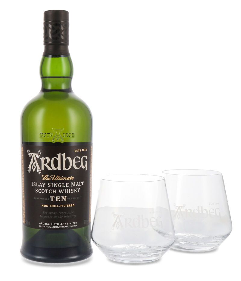 Ardbeg Ten 10 YO Islay Single Malt Whisky Geschenk-Set 46% vol. 0,70l