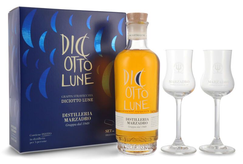 Marzadro Grappa Le Dic'otto Lune Geschenk-Set 41% vol. 0,50l